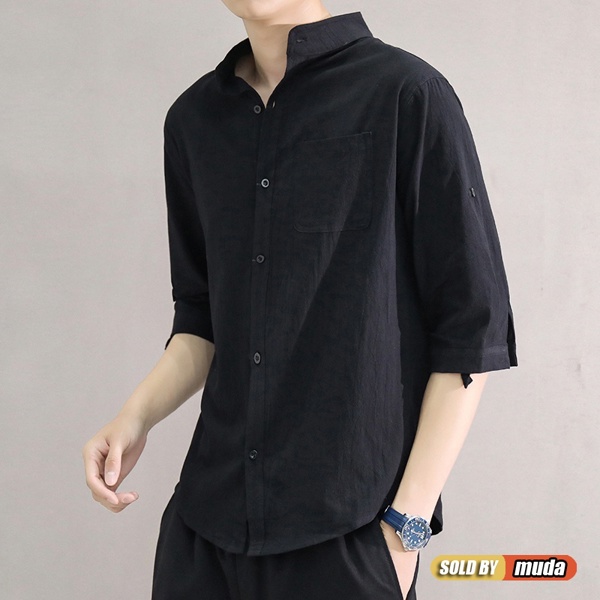 Kemeja Lelaki Loose Summer Short Sleeve Linen Men Shirt Plain Casual ...